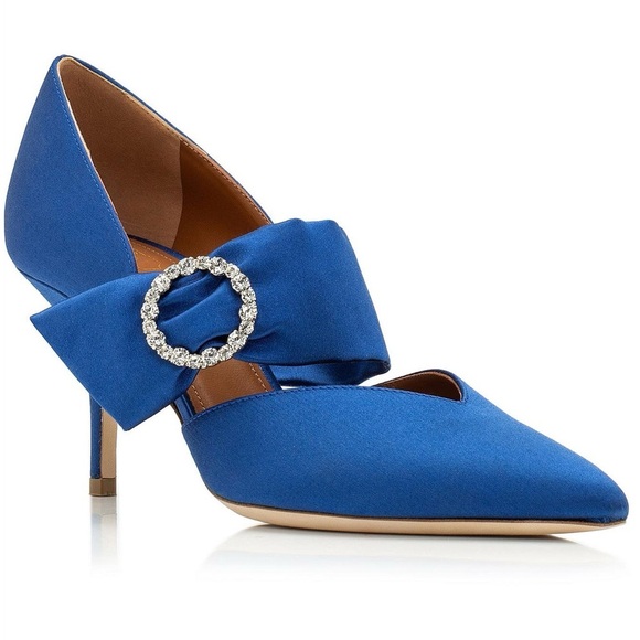 Malone Souliers Maite Crystal Buckle Satin Point Toe Pumps Blue Sz 39.5 - Picture 1 of 15